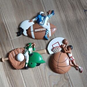 3 Vintage Burwood Prod. Co. Plastic Sports Themed Wall Decor Set